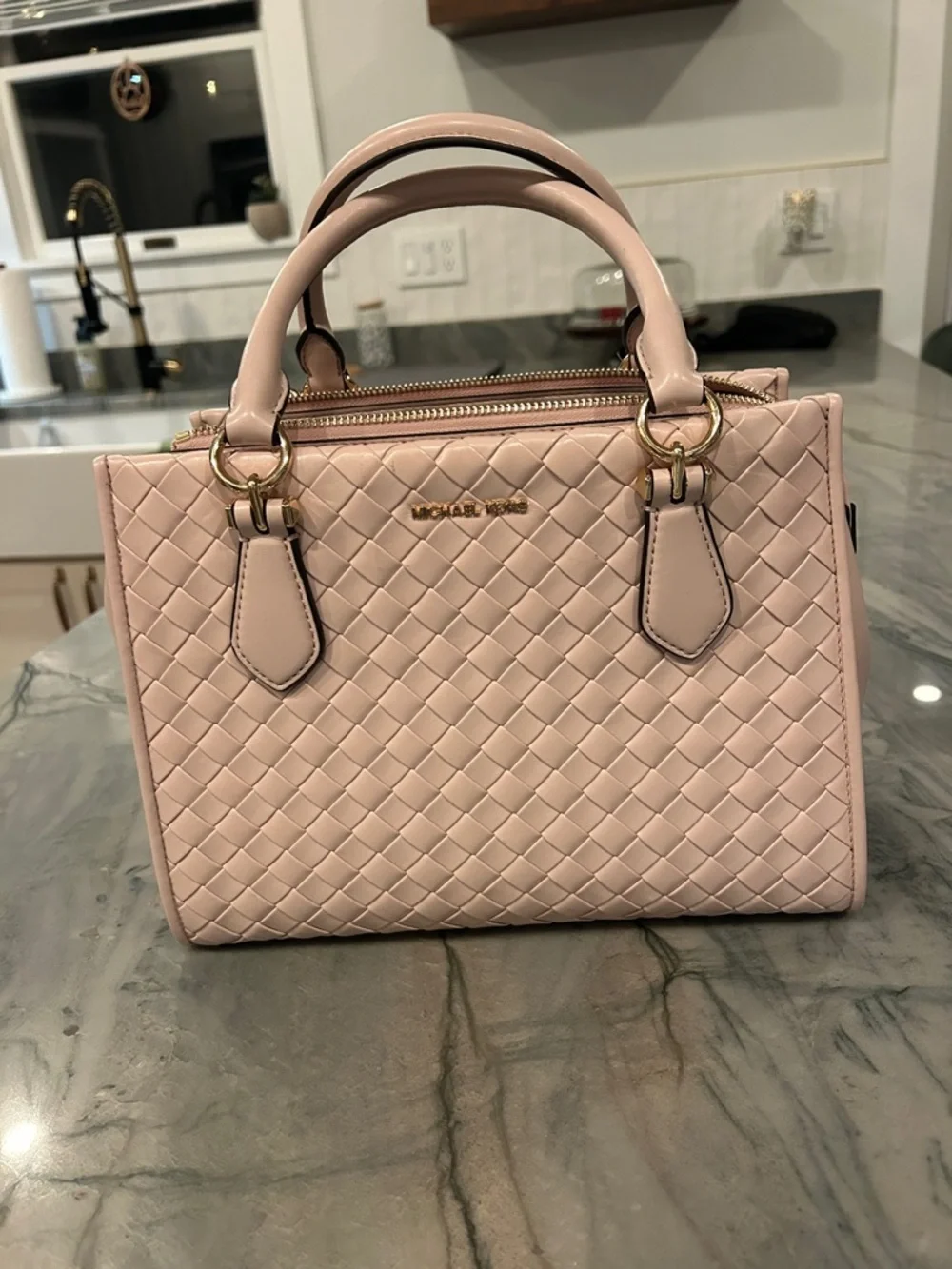 Michael Kors Blush Pink Woven Leather Satchel with Gold Hardware